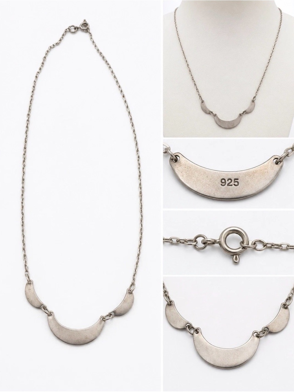 Vintage 925 Sterling Silver Modernist Triple Crescent Necklace Moon
